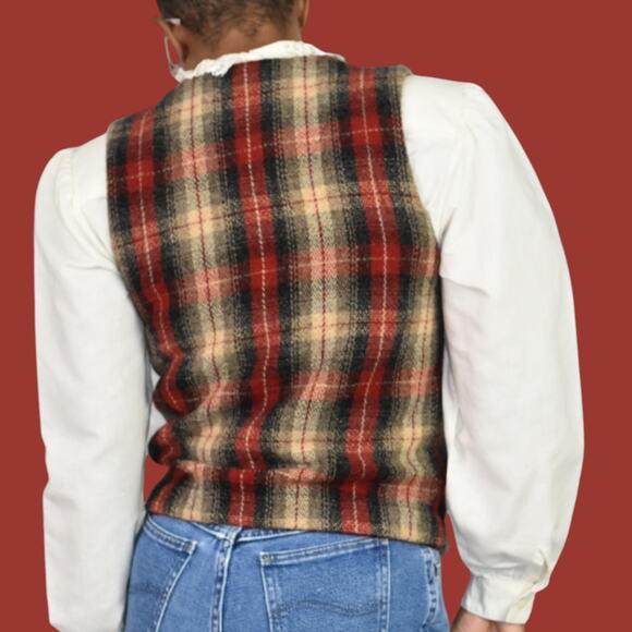Vintage Eddie Bauer Plaid Wool Vest Red Tartan Check Equestrian Waistcoat Small - Picture 2 of 15